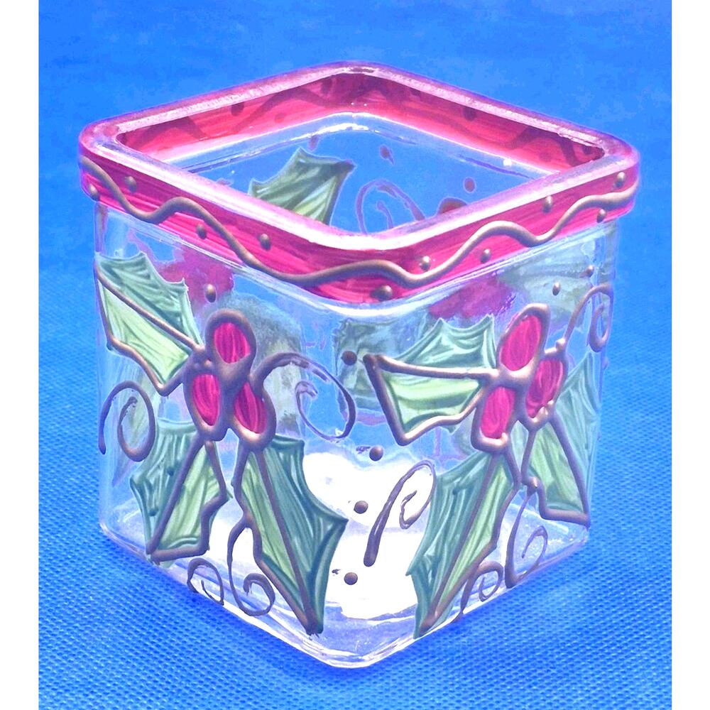 GANZ Bella Casa Handpainted Square Glass Candle Holder Holly Berries 2.5"
